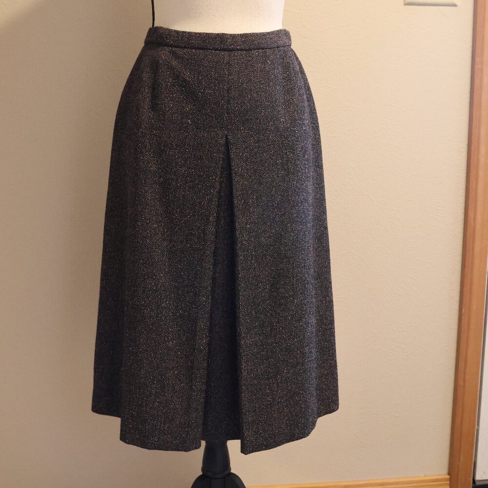 Pendleton midi skirt, wool/rayon, dry clean, brown/black, size 6, front pleat